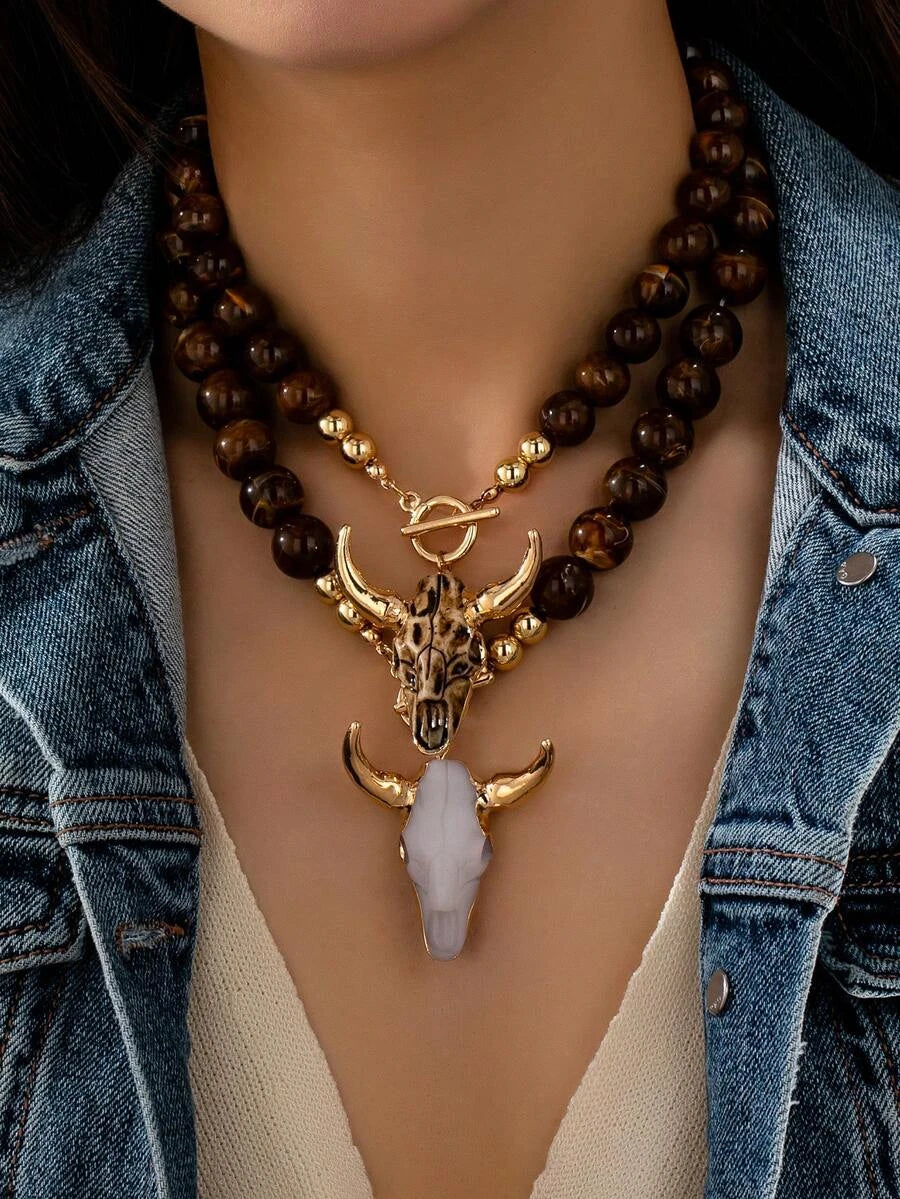 Western Bull Skull Tiger Eye Necklace