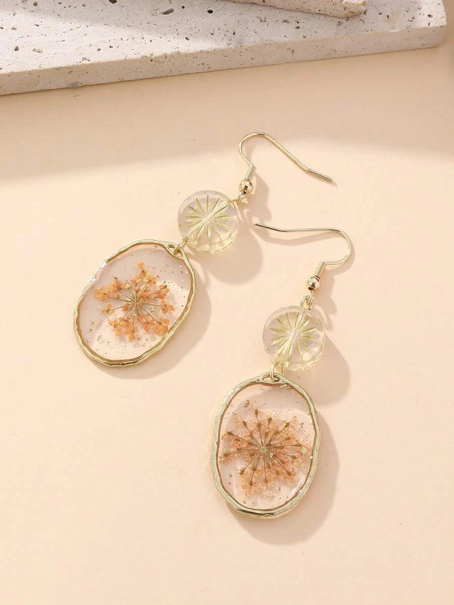 Dried Flower Resin Oval Earrings