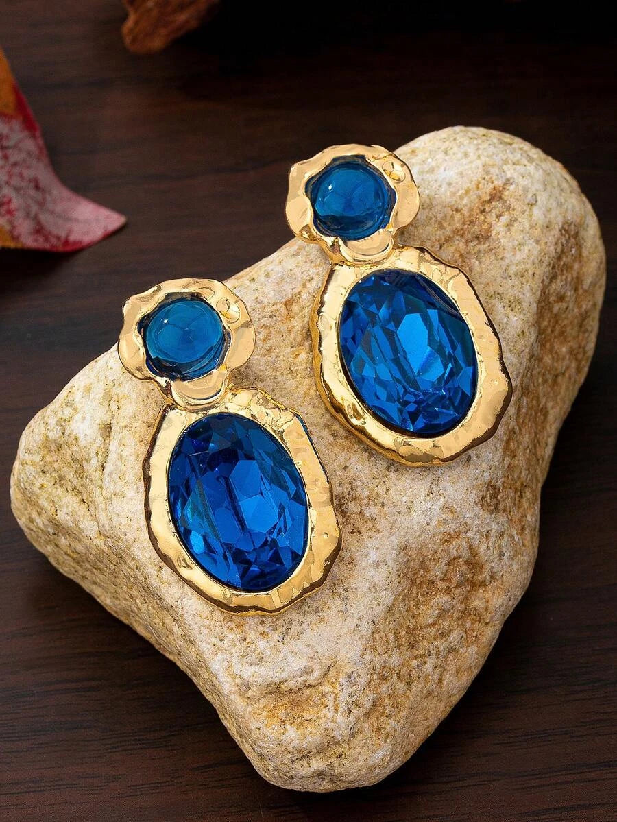 Minimalist Blue Oval Gemstone Asymmetrical Earrings