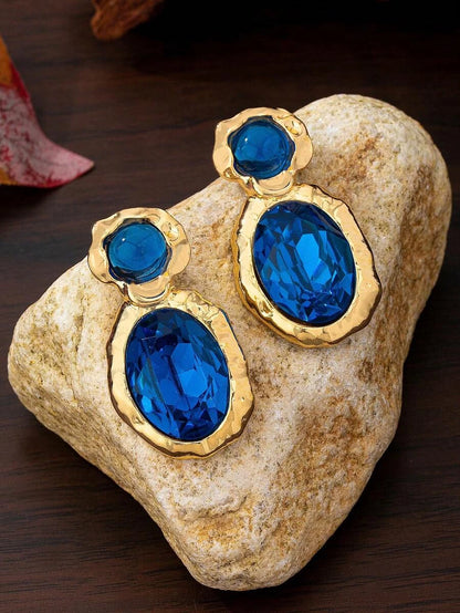Minimalist Blue Oval Gemstone Asymmetrical Earrings