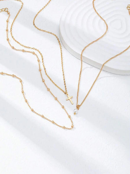 Gold Plated Layered Cross Necklace Set