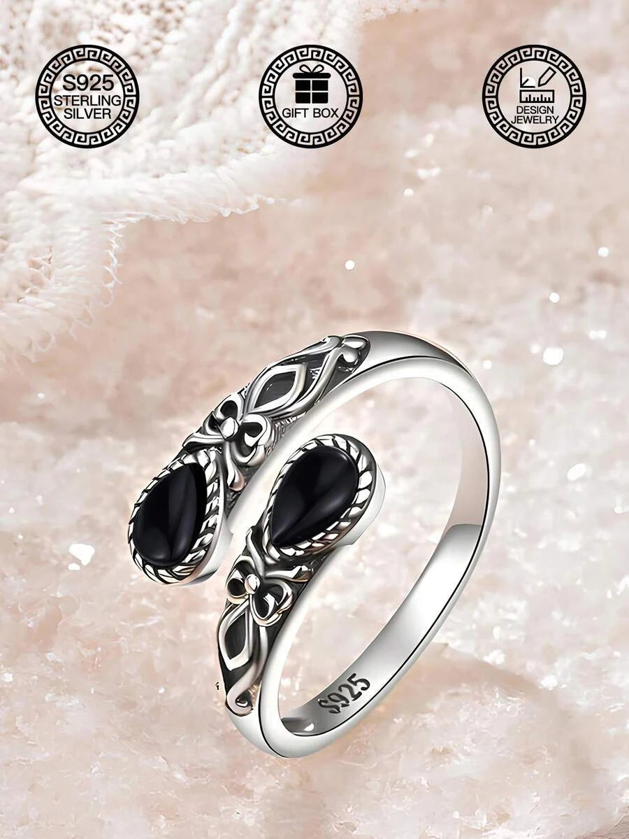 Sterling Silver Black Agate Spoon Ring
