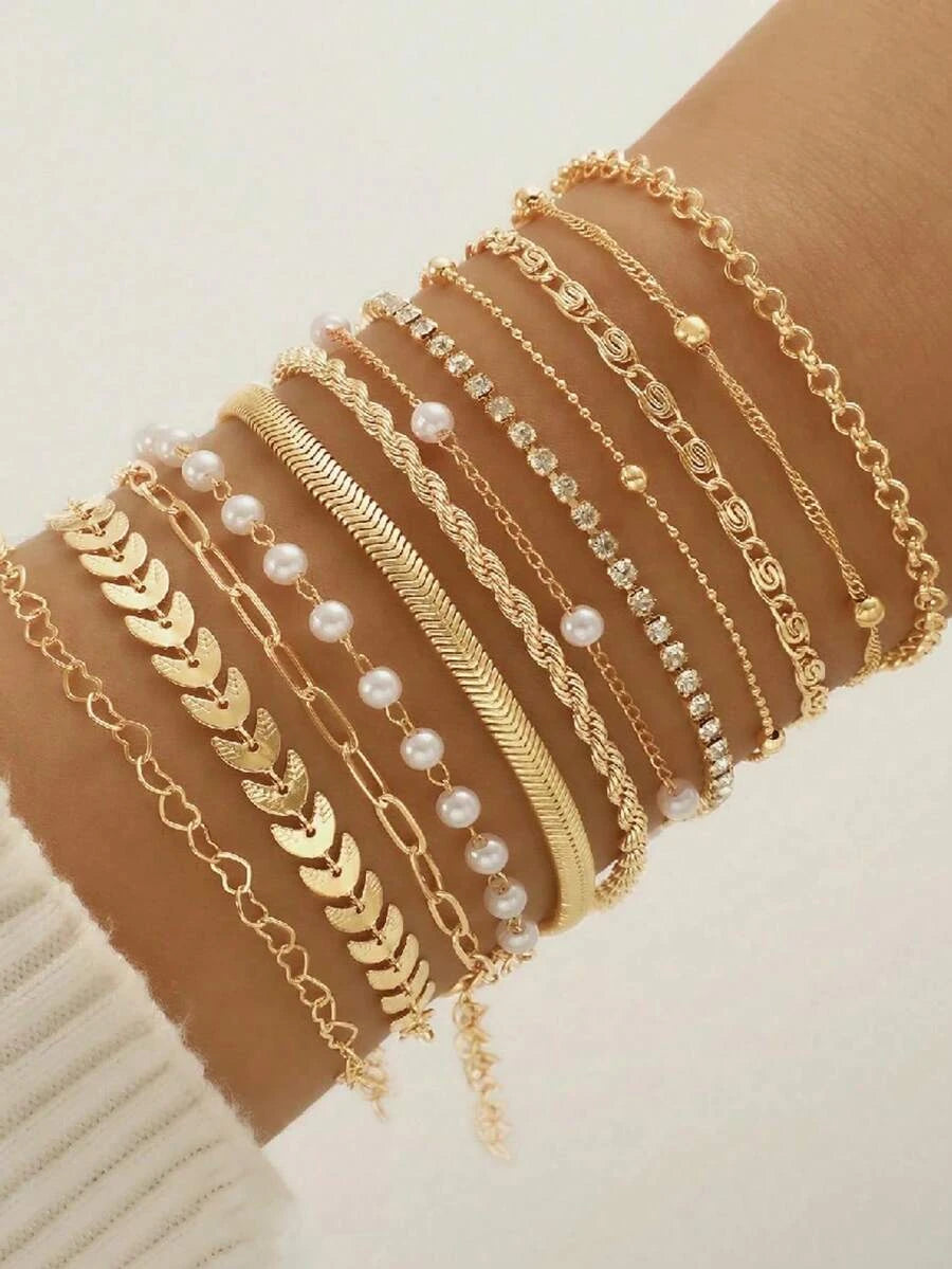 12pcs Elegant Flat Snake, Ball Bead, Twisted Rhinestone Bracelet Set, Hollow Heart Water Wave Bracelet, Punk Metal Daily Wear