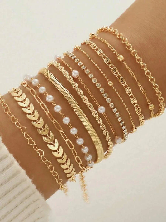 12pcs Elegant Flat Snake, Ball Bead, Twisted Rhinestone Bracelet Set, Hollow Heart Water Wave Bracelet, Punk Metal Daily Wear