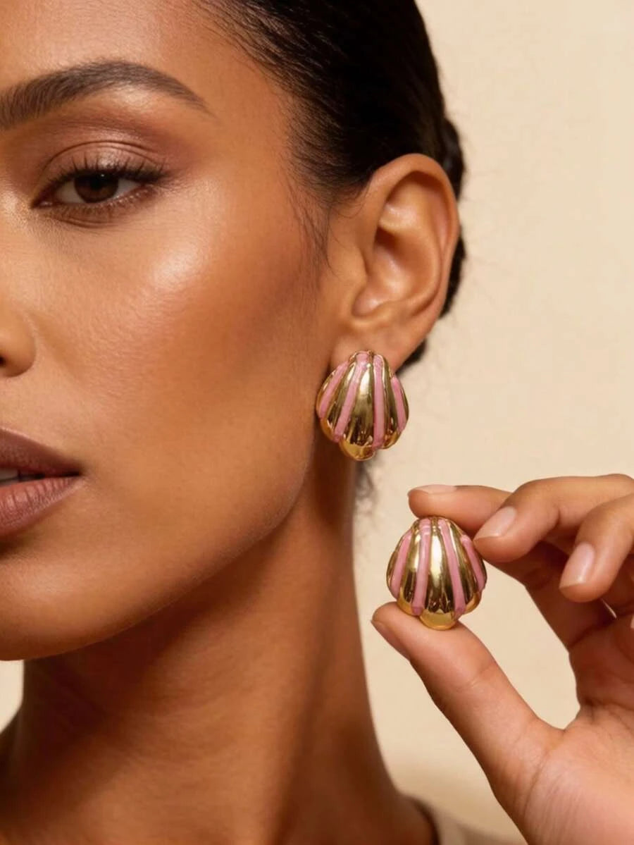 Pink Enamel Shell Stud Earrings