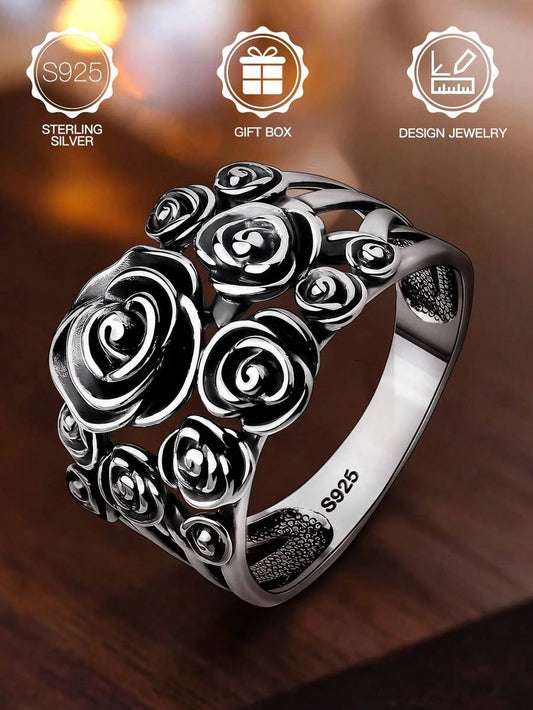 Sterling Silver Thorned Rose Goth Ring