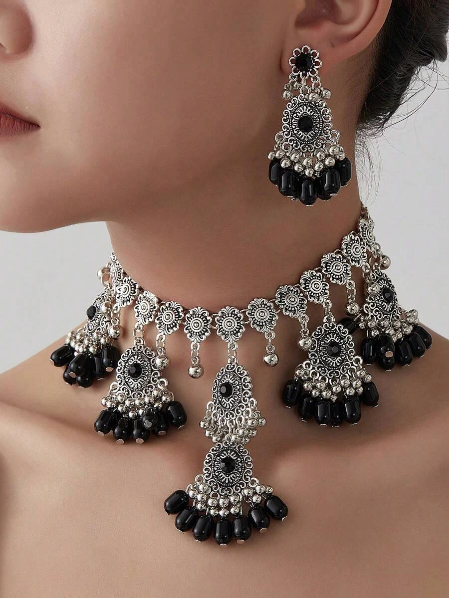 Vintage Tassel Oval Necklace Earring Set
