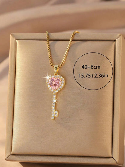Gold Plated Heart Key Pendant Necklace