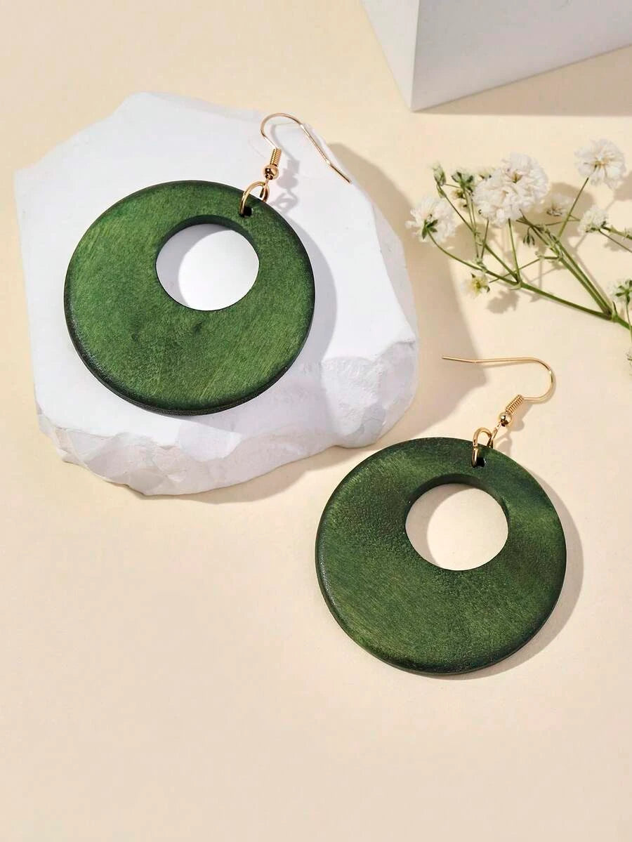 Vintage Wooden Hollow Circle Pendant Earrings