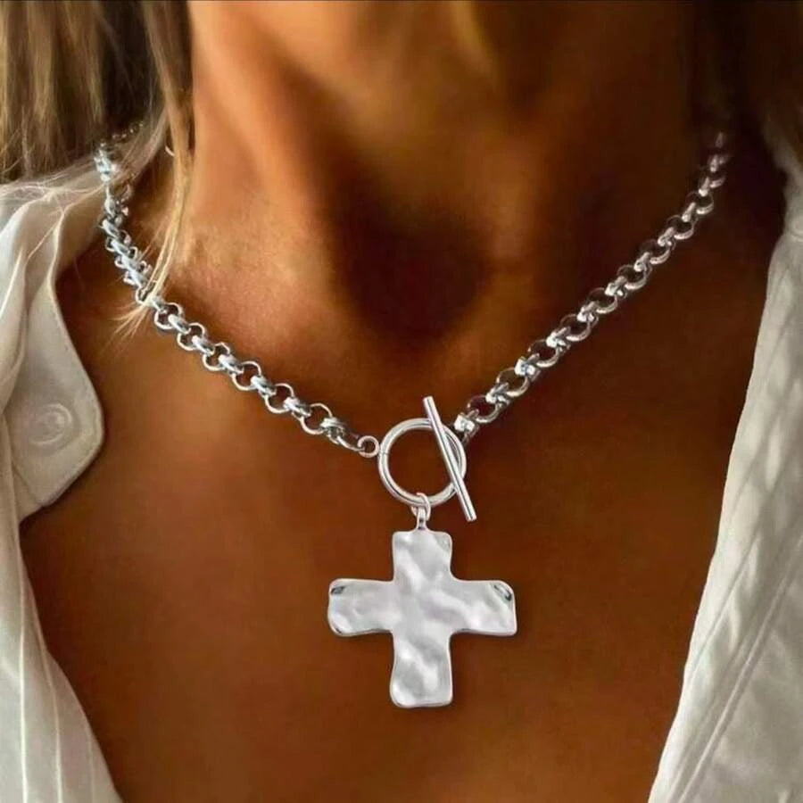 Minimalist Hammered Cross Pendant Necklace