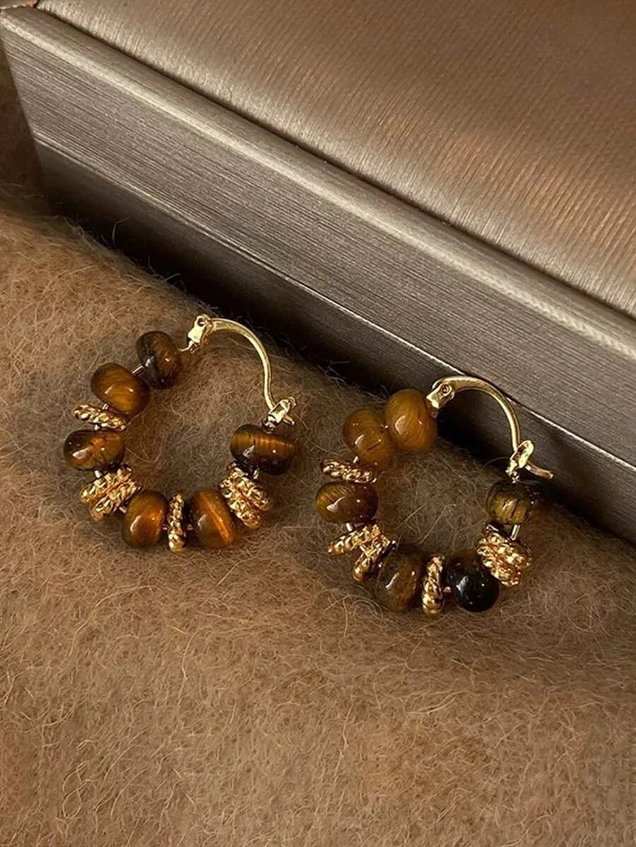 Tiger Eye Beaded Hoop Earrings