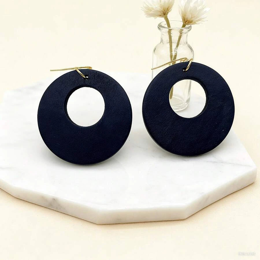 Vintage Wooden Round Hollow Out Earrings