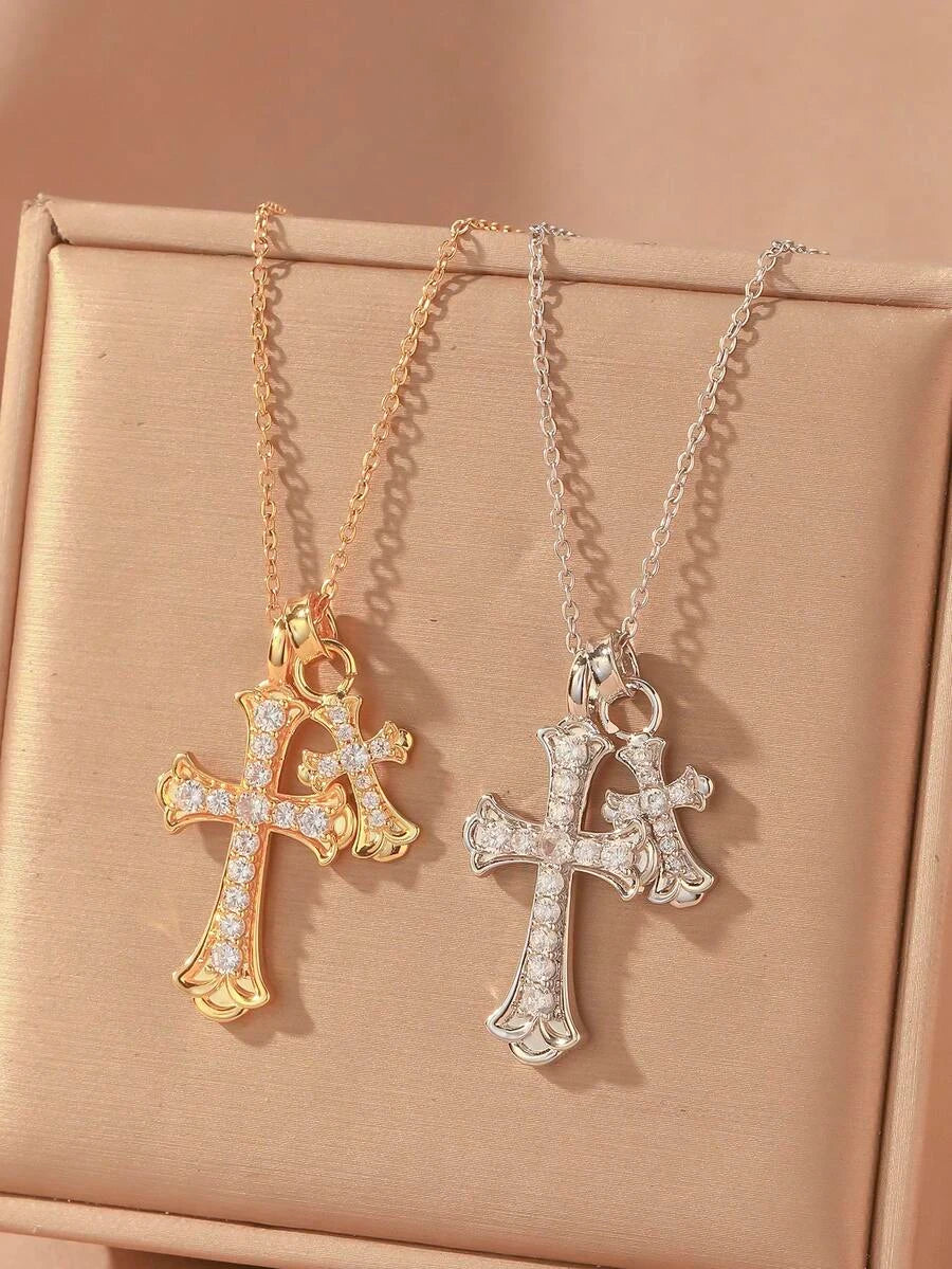 Gold Waterproof Stainless Steel Double Cross Necklace