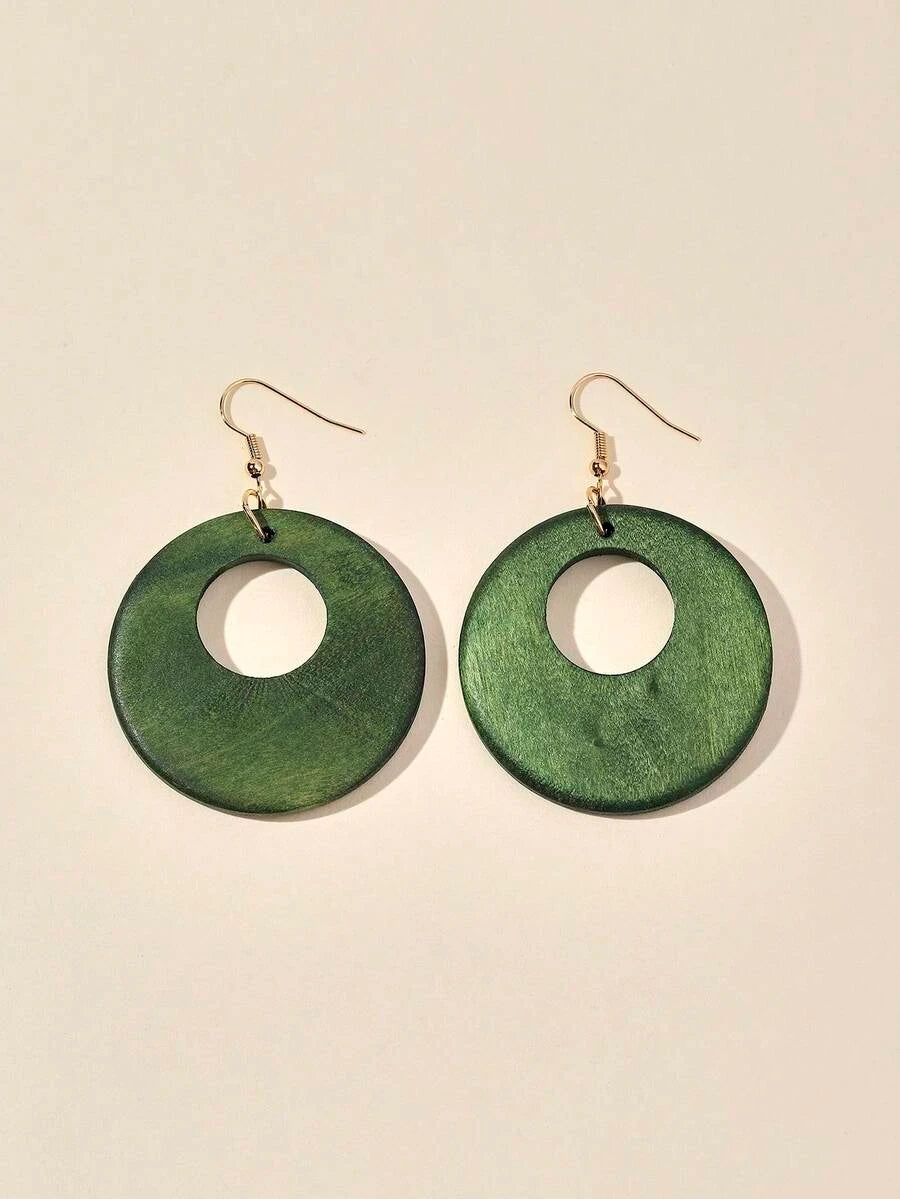 Vintage Wooden Hollow Circle Pendant Earrings