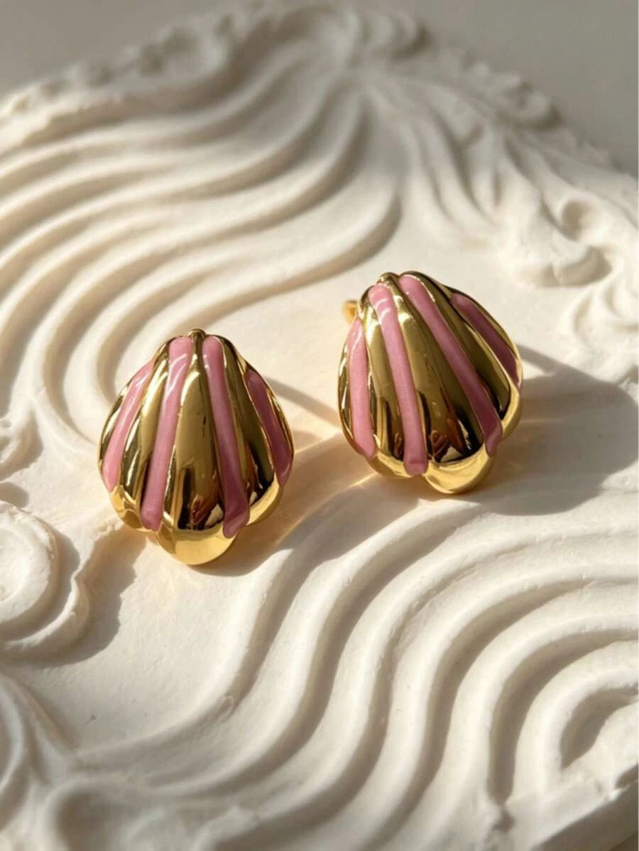 Pink Enamel Shell Stud Earrings