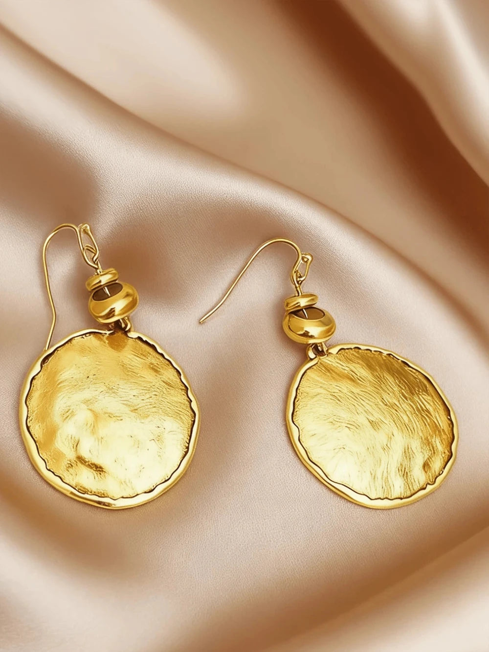 Hammered Gold Round Disc Drop Earrings