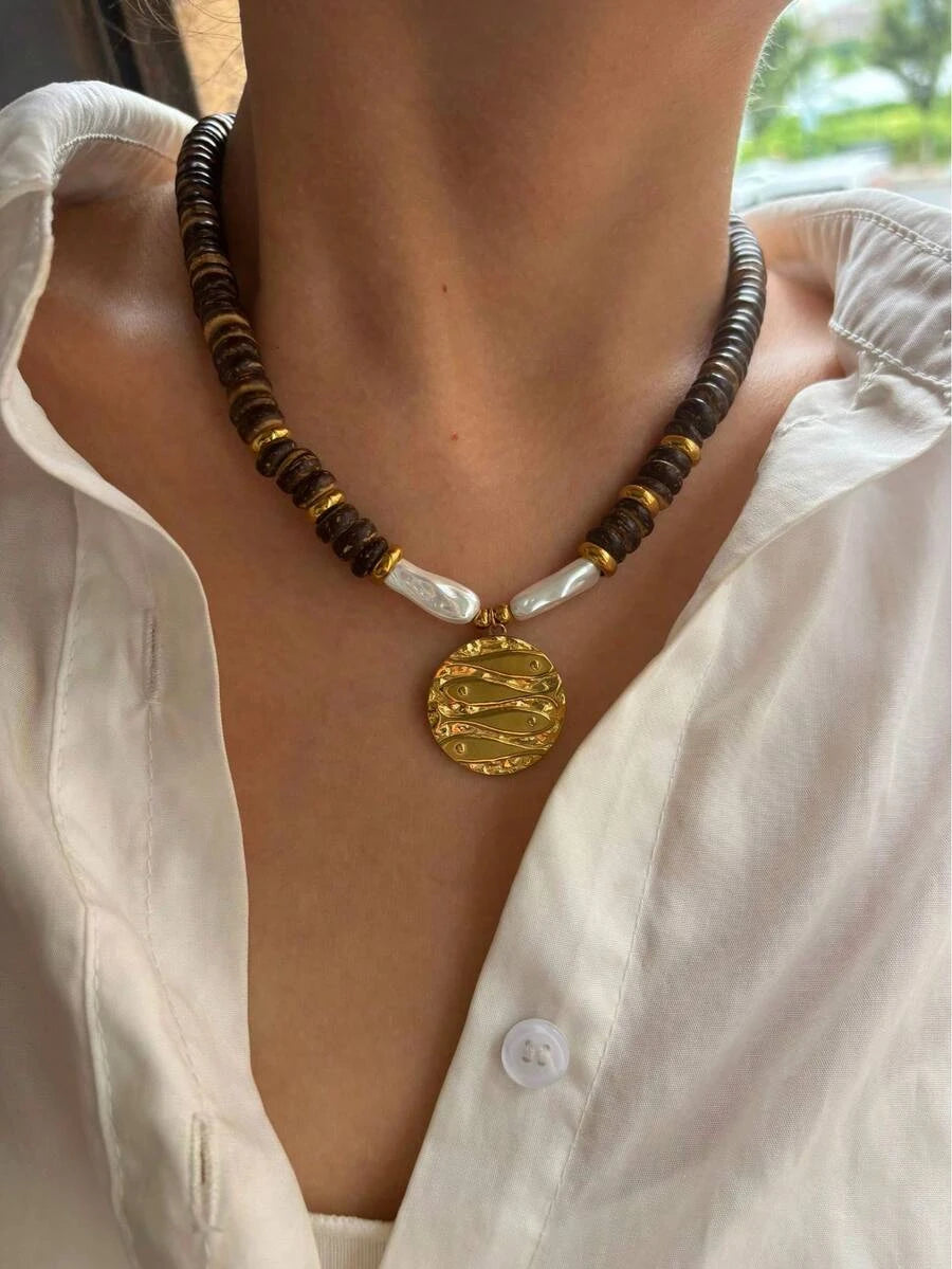 Beaded Stainless Steel Round Pendant Necklace