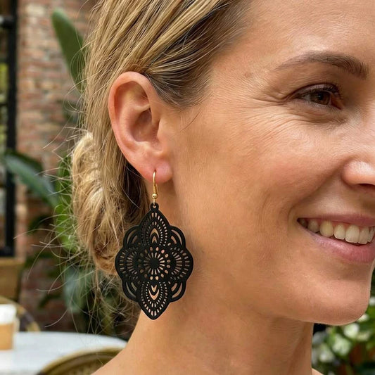 Wooden Lace Pattern Carved Pendant Earrings