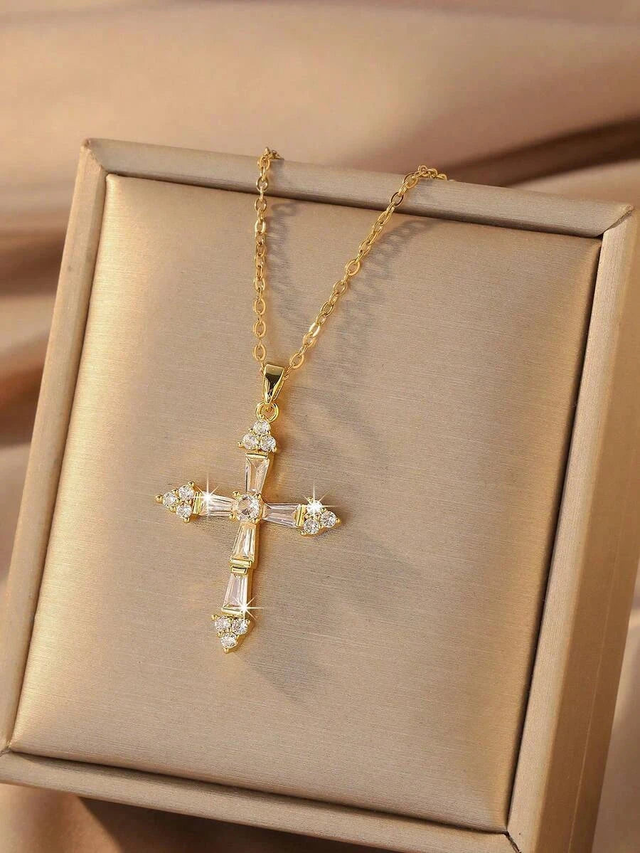 Gold-Plated Pink Crystal Cross Necklace