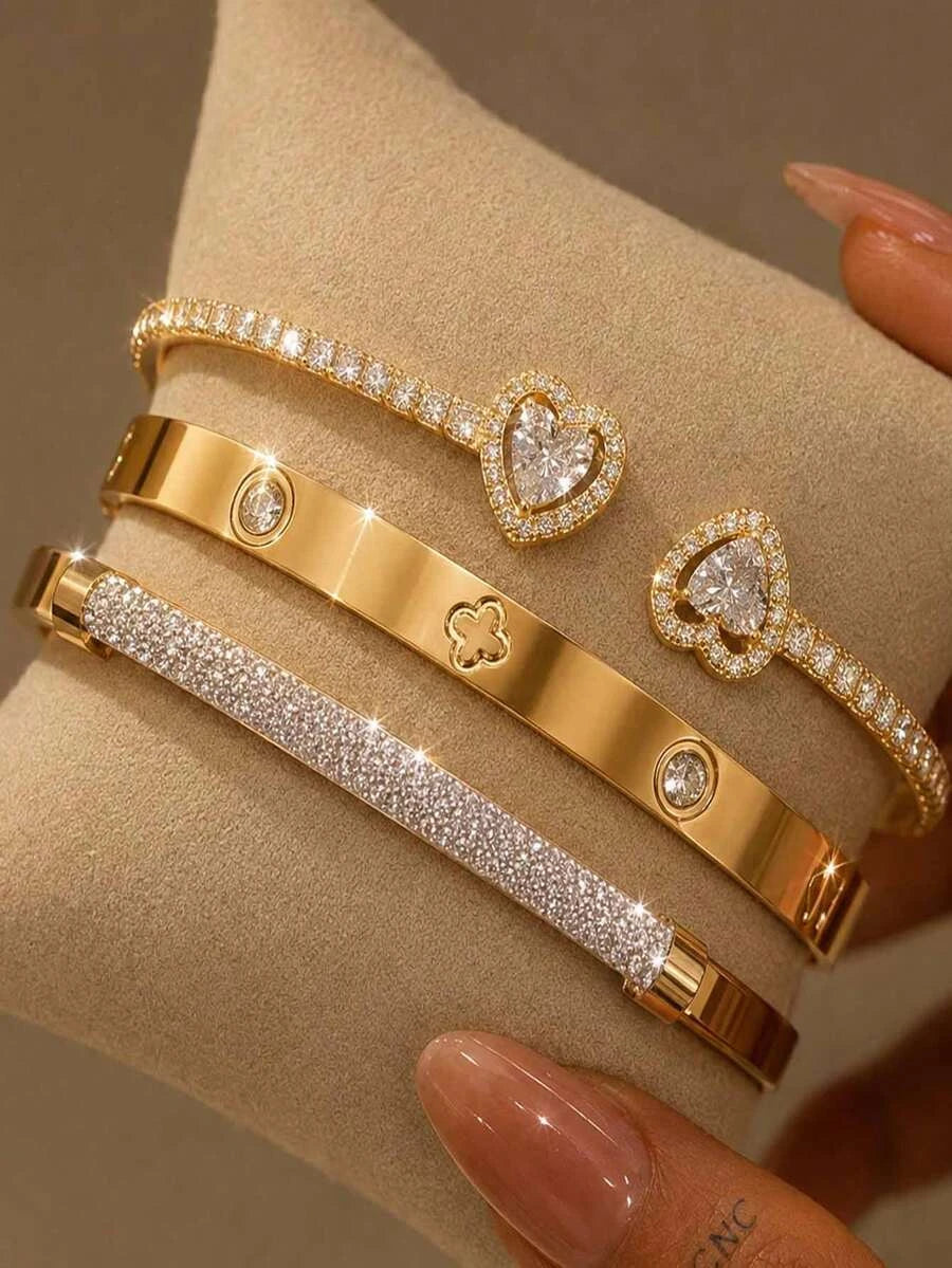Floral Rhinestone Gold Plated Bracelet Set