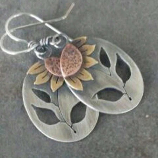 Vintage Copper Sunflower Drop Earrings
