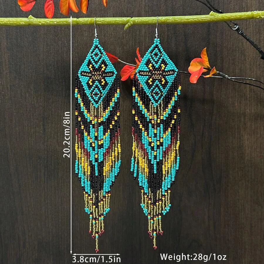 Geometric Beaded Tassel Earrings