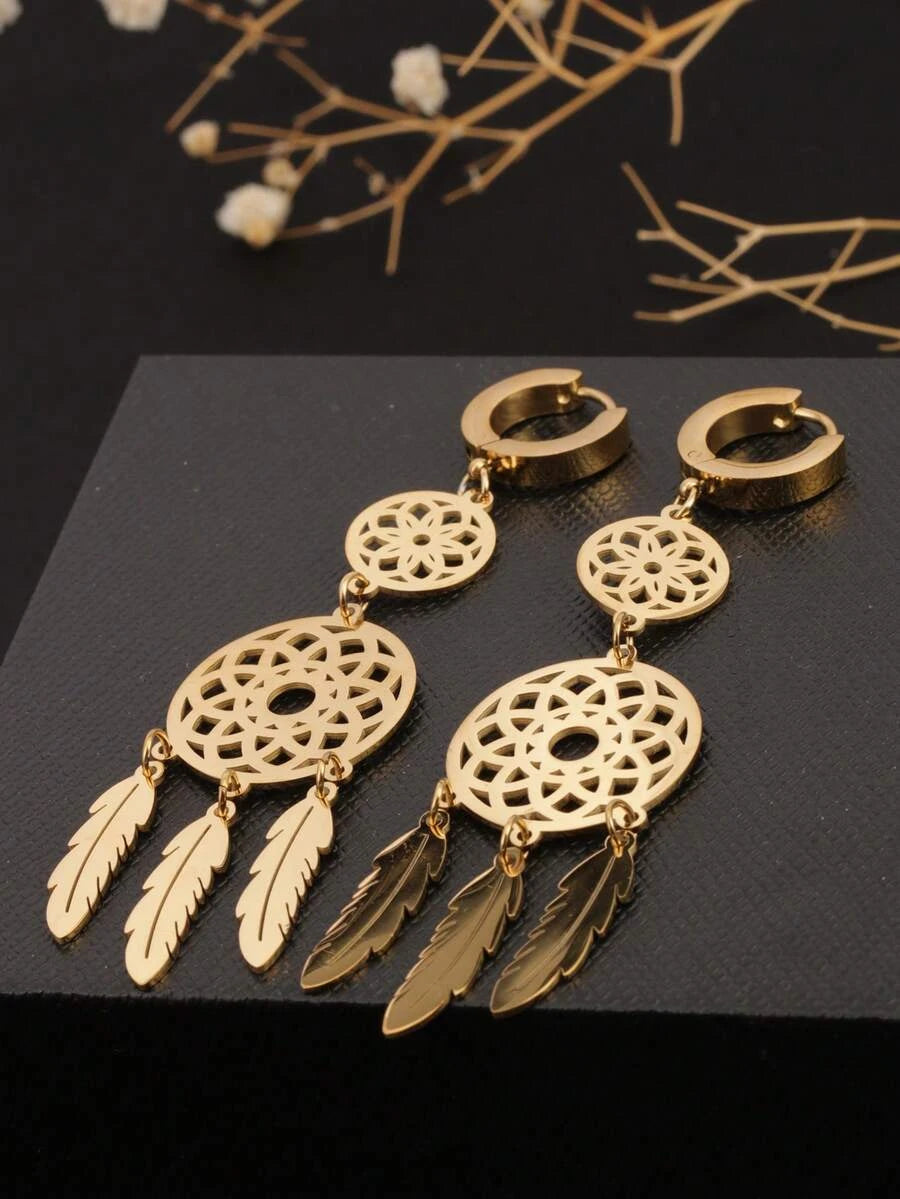 Gold Floral Vine Leaf Pendant Earrings