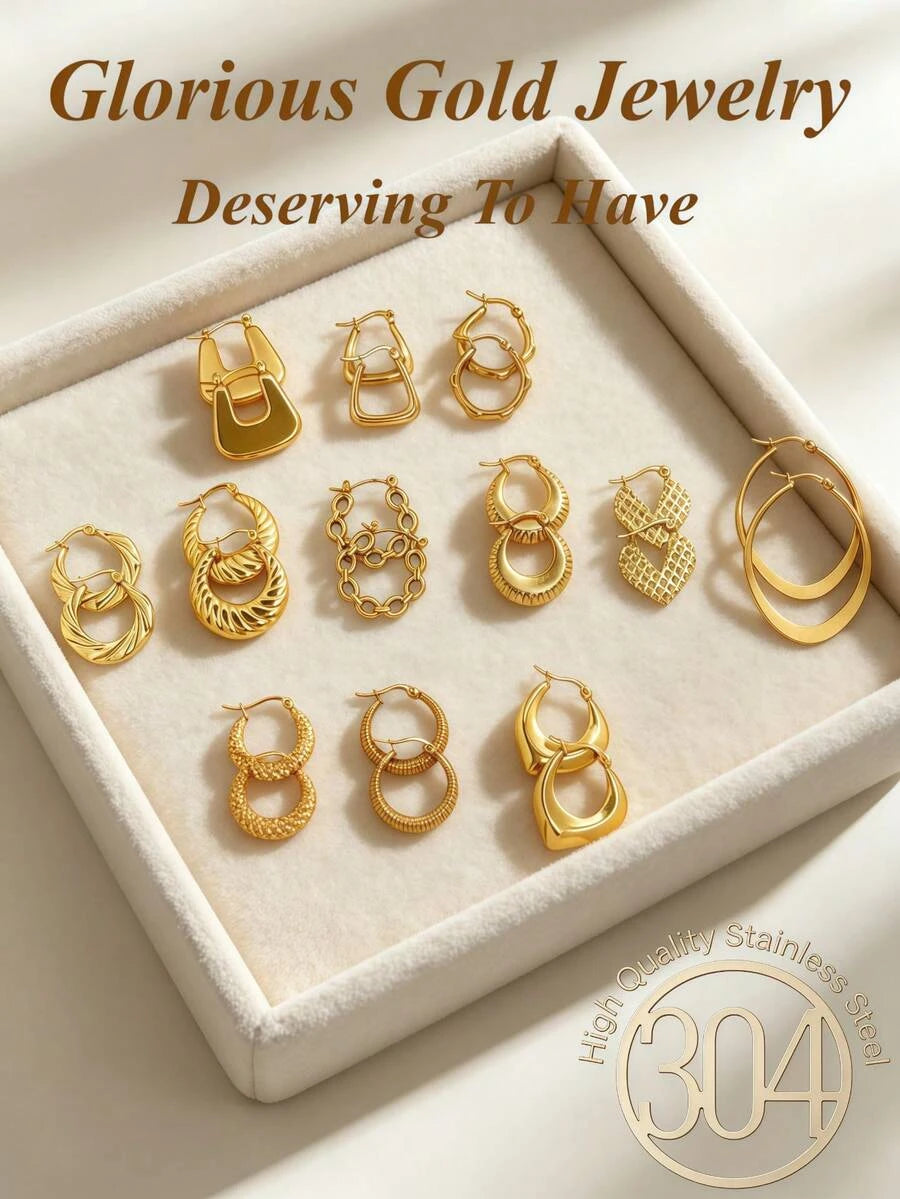 Stainless Steel Gold Ring Earring Set