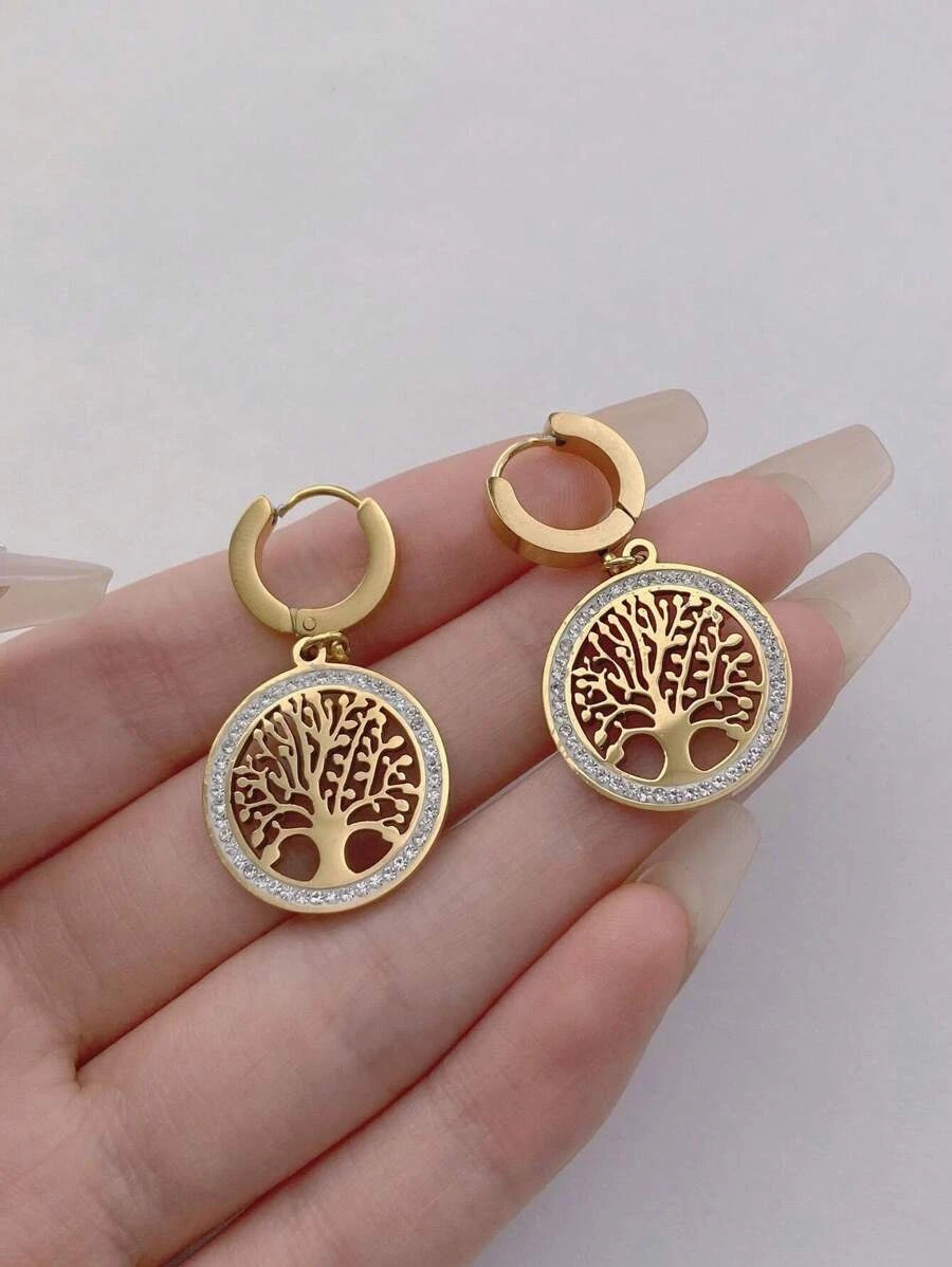 Stainless Steel Rhinestone Tree Of Life Drop Earrings