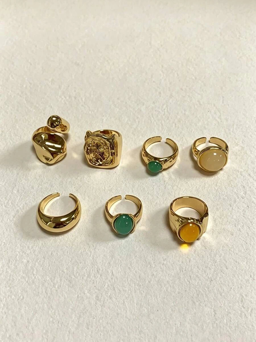 13pcs Fashion Luxury Vintage Sun Gemstone Open Ring Set, Designer Ins Style Metallic Glossy Wrinkled Finger Rings, Suitable For Party, Vacation, Gift For Friends And Family, Daily Wear