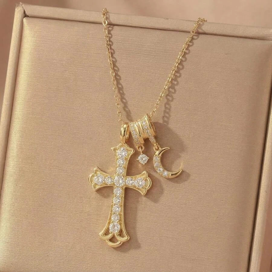 Gold Waterproof Stainless Steel Double Cross Necklace
