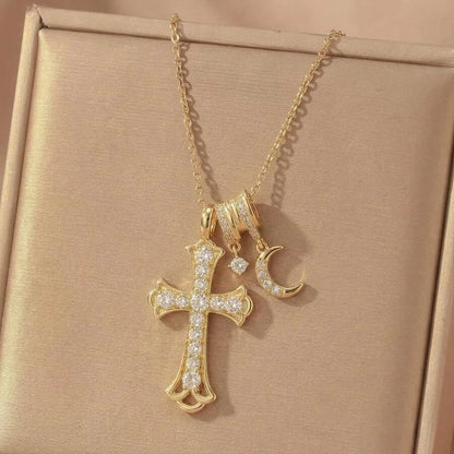 Gold Waterproof Stainless Steel Double Cross Necklace