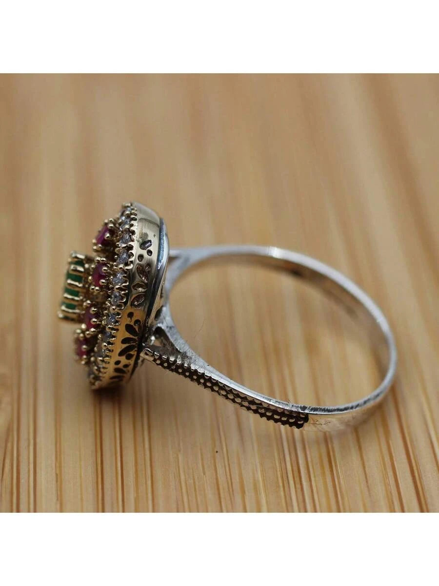 Retro Boho Red Cubic Zirconia Two Tone Ring