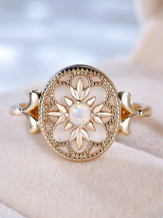 Vintage Floral White Agate Round Ring