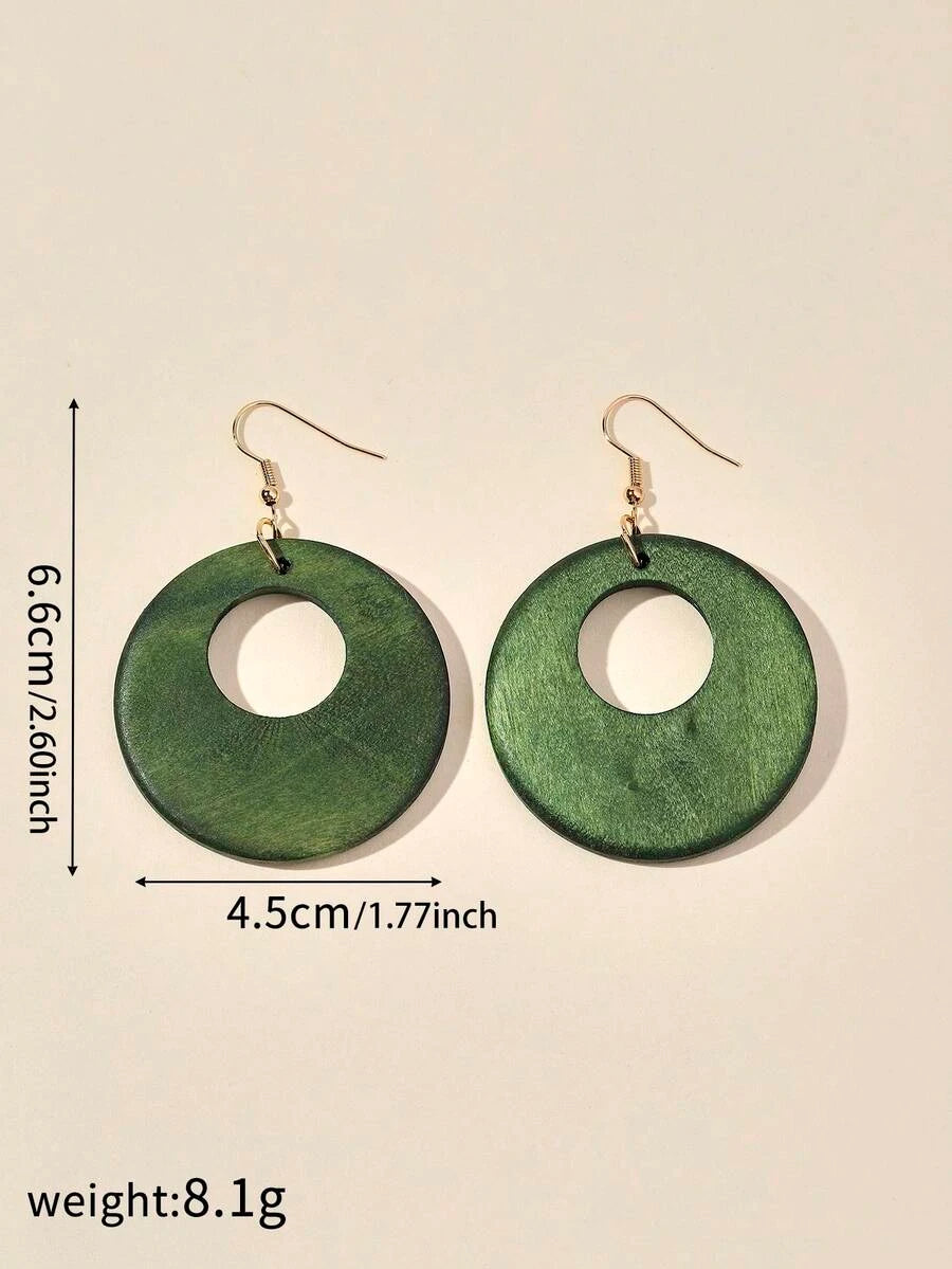 Vintage Wooden Hollow Circle Pendant Earrings