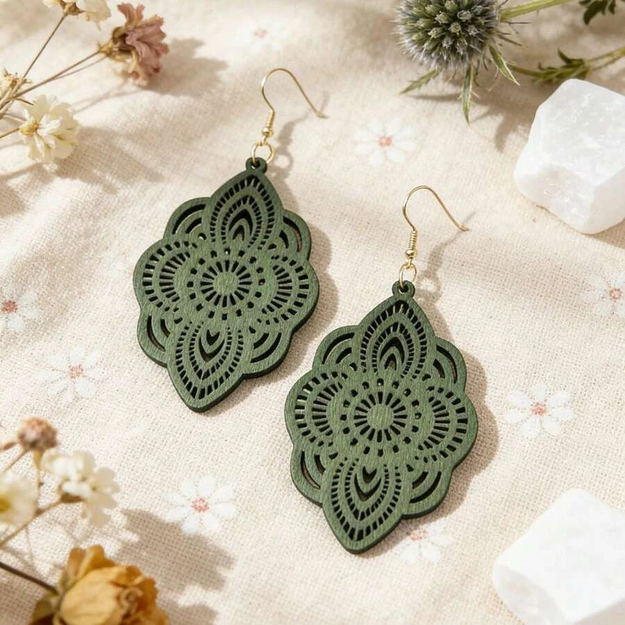 Wood Lace Pattern Carved Drop Earrings
