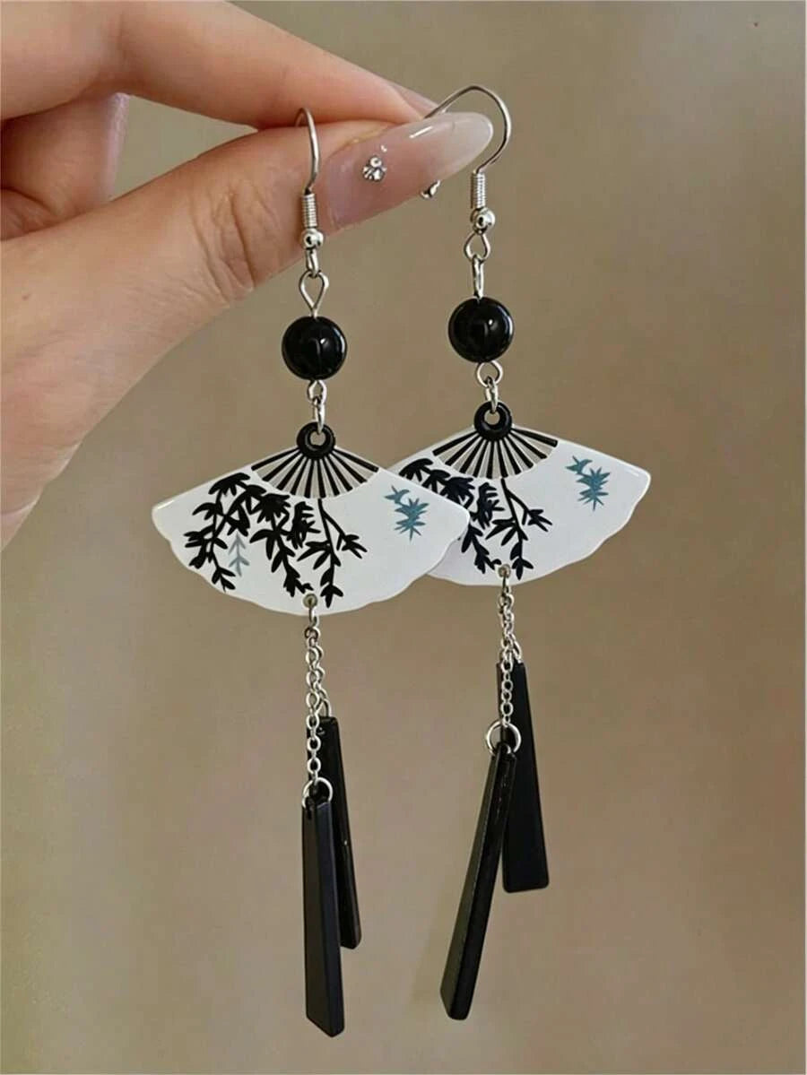 Chinese Style Folding Fan Pearl Earrings