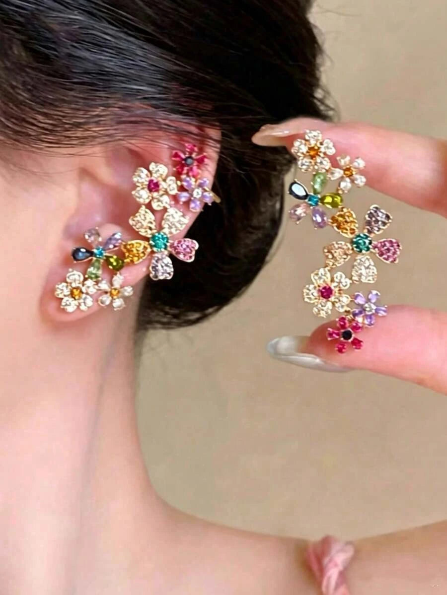 Colorful Floral Rhinestone Clip On Earrings