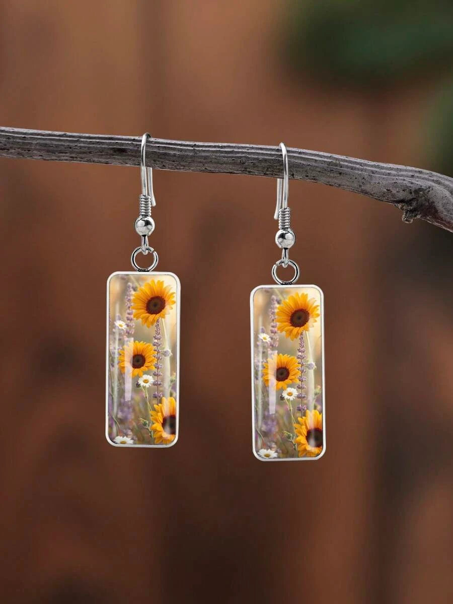 Vintage Sunflower Print Drop Earrings