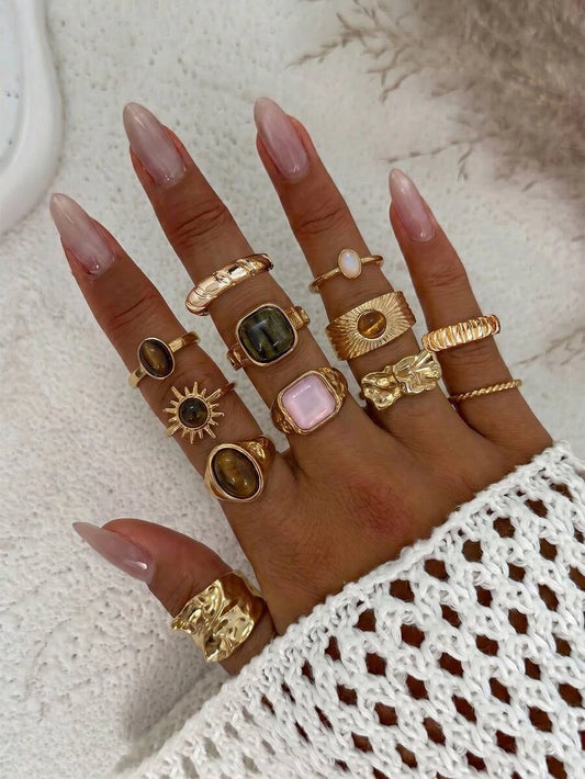 12pcs Set Minimalist Fashion Vintage Asymmetrical Sun Liquid Style Rings, Knuckle Rings, Luxury Vintage Rings For Women, Suitable For Party, Gathering, Gift For Friends And Family, Daily Wear