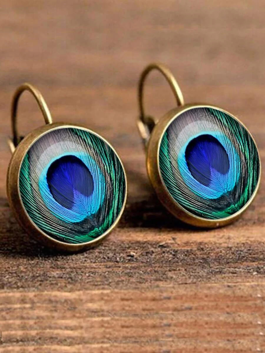 Peacock Feather Pattern Round Stud Earrings