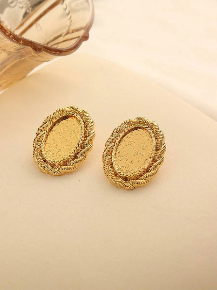 Retro Oval Coin Stud Earrings