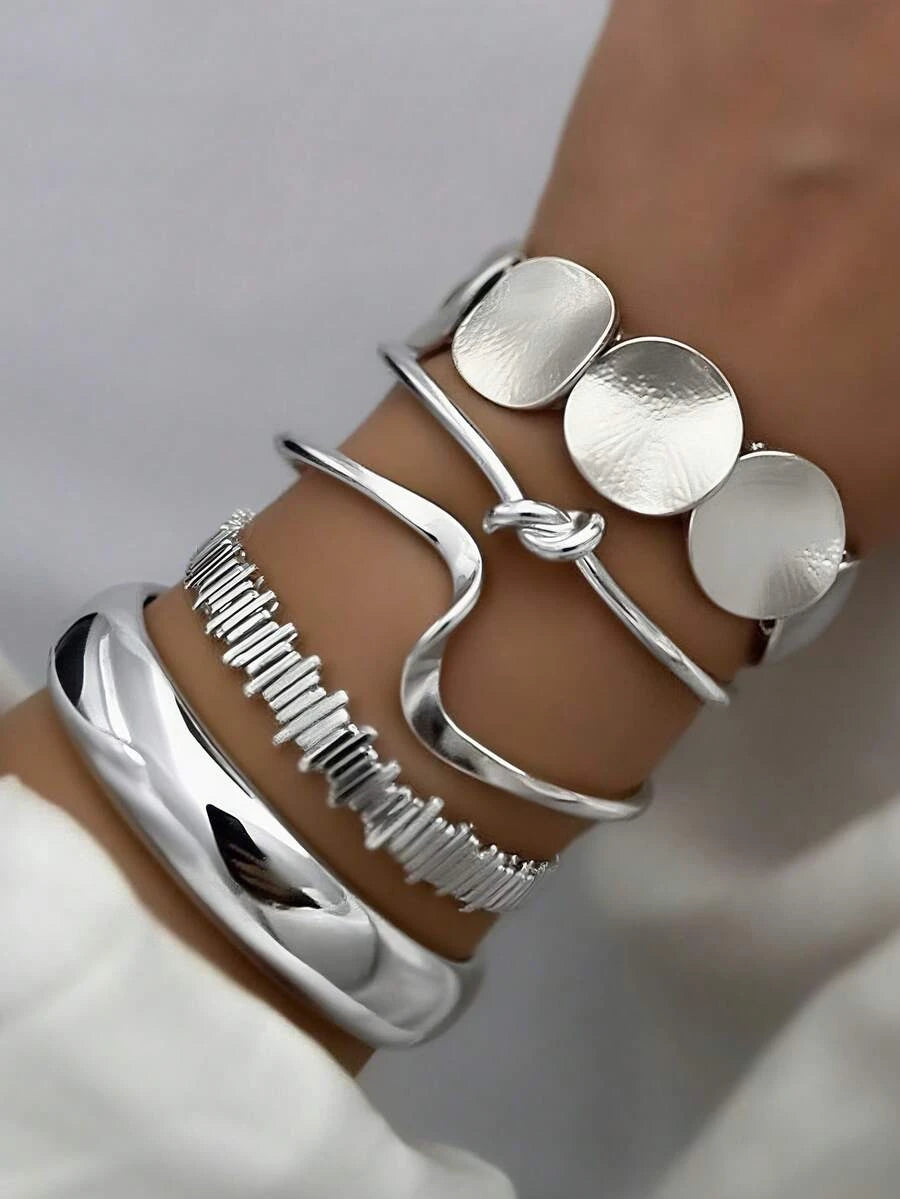 12pcs Vintage Exaggerated Luxurious Geometric Striped Twist Open Design Women Metal Silver Bangle Bracelet Set, Suitable For Daily Wear, Gift, Stackable