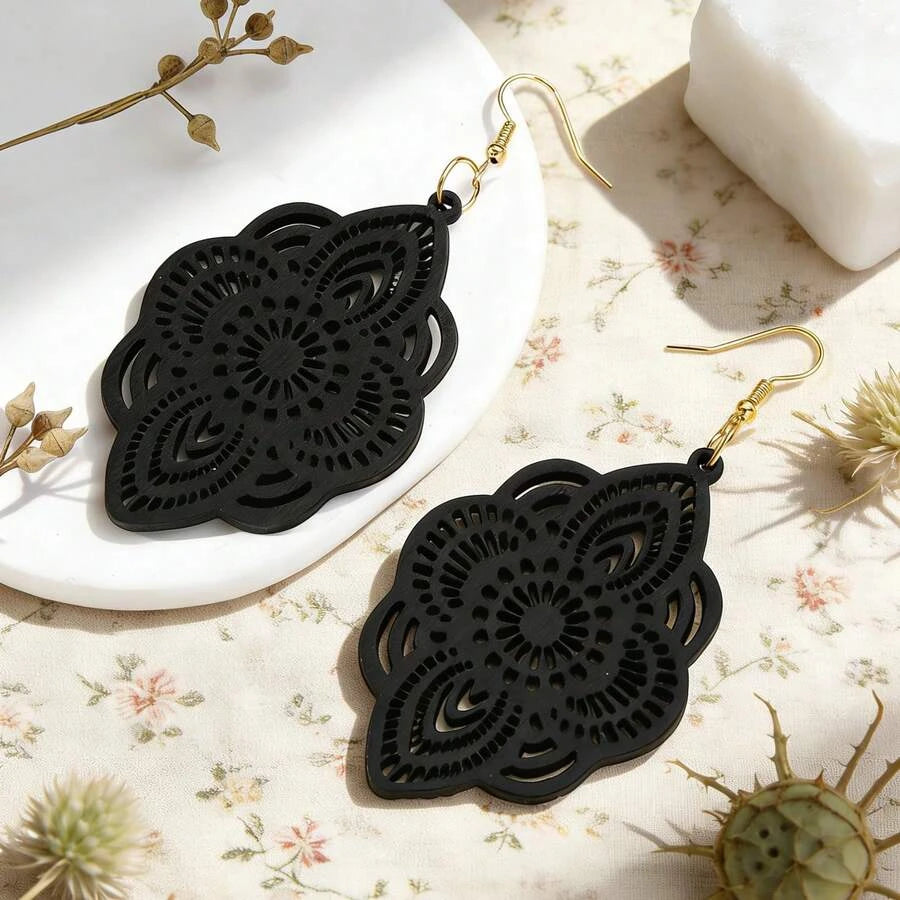 Wood Lace Pattern Carved Drop Earrings