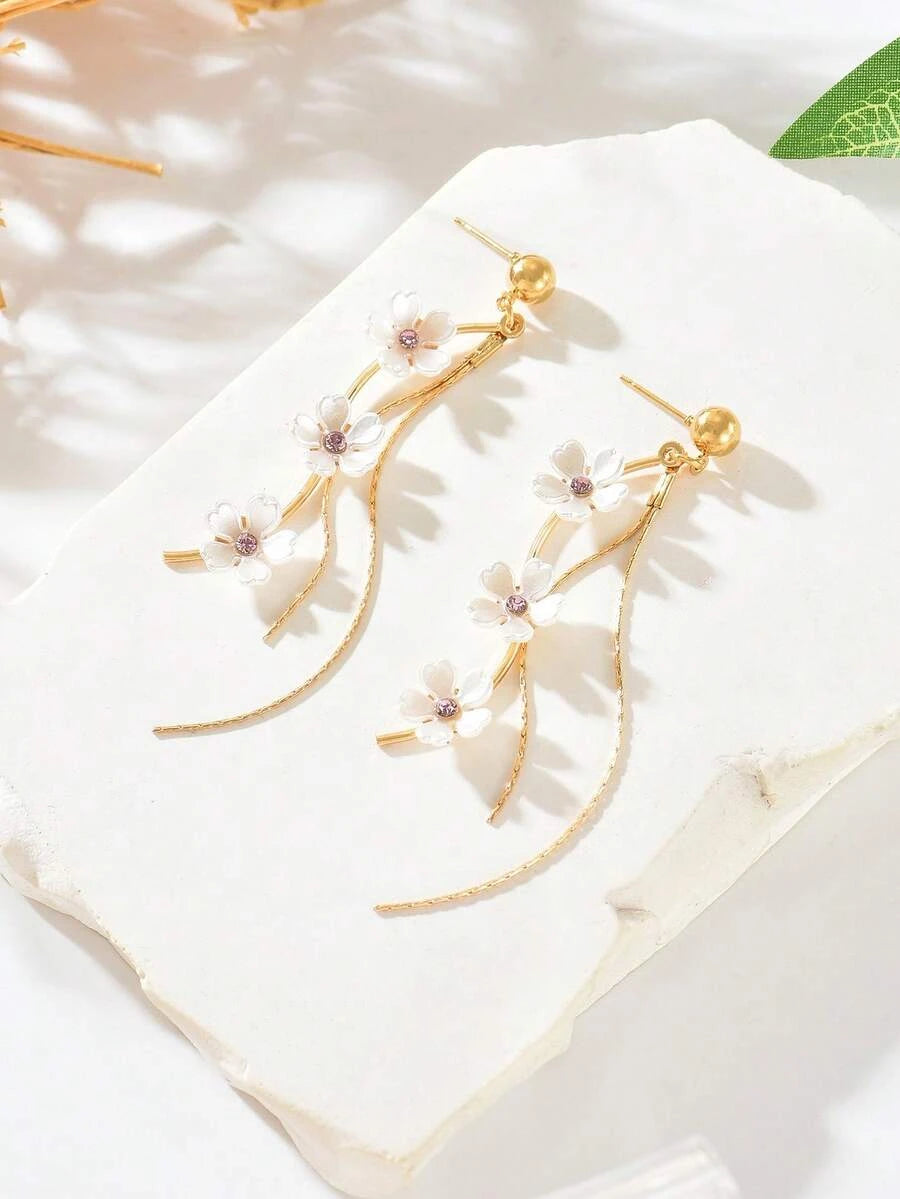 Floral Rhinestone Tassel Stud Earrings