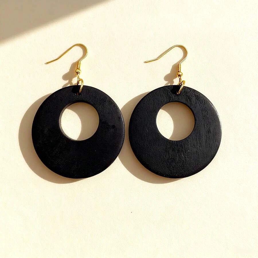 Vintage Wooden Hollow Round Pendant Earrings