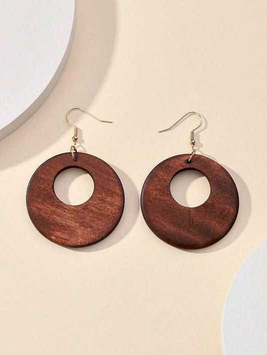 Vintage Wooden Hollow Round Pendant Earrings