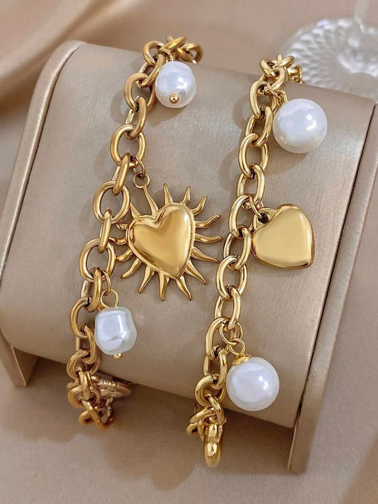 Golden Faux Pearl Heart Bracelet Set