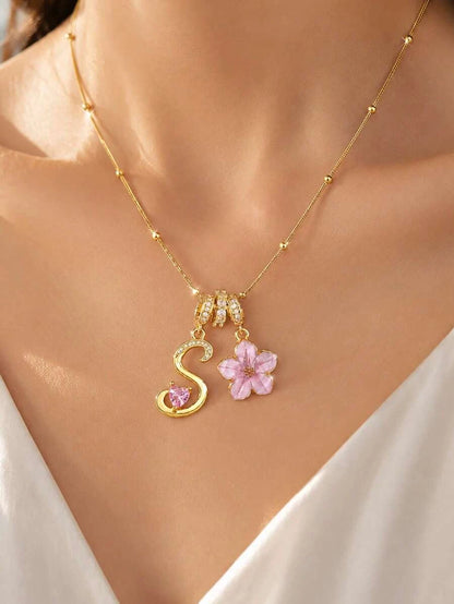 Pink Floral Heart Initial Necklace