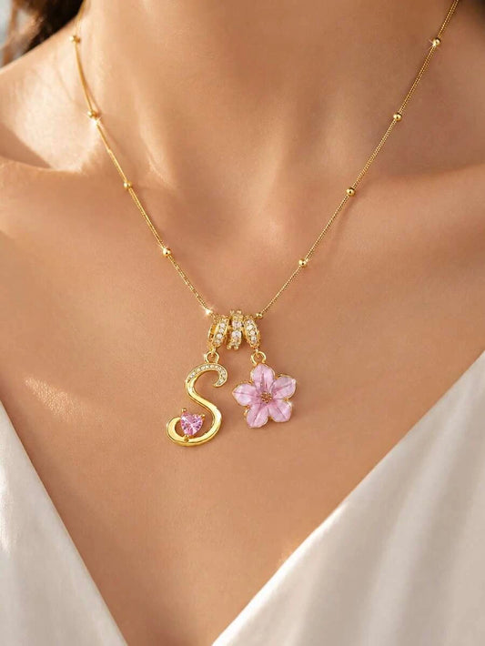 Pink Floral Heart Initial Necklace